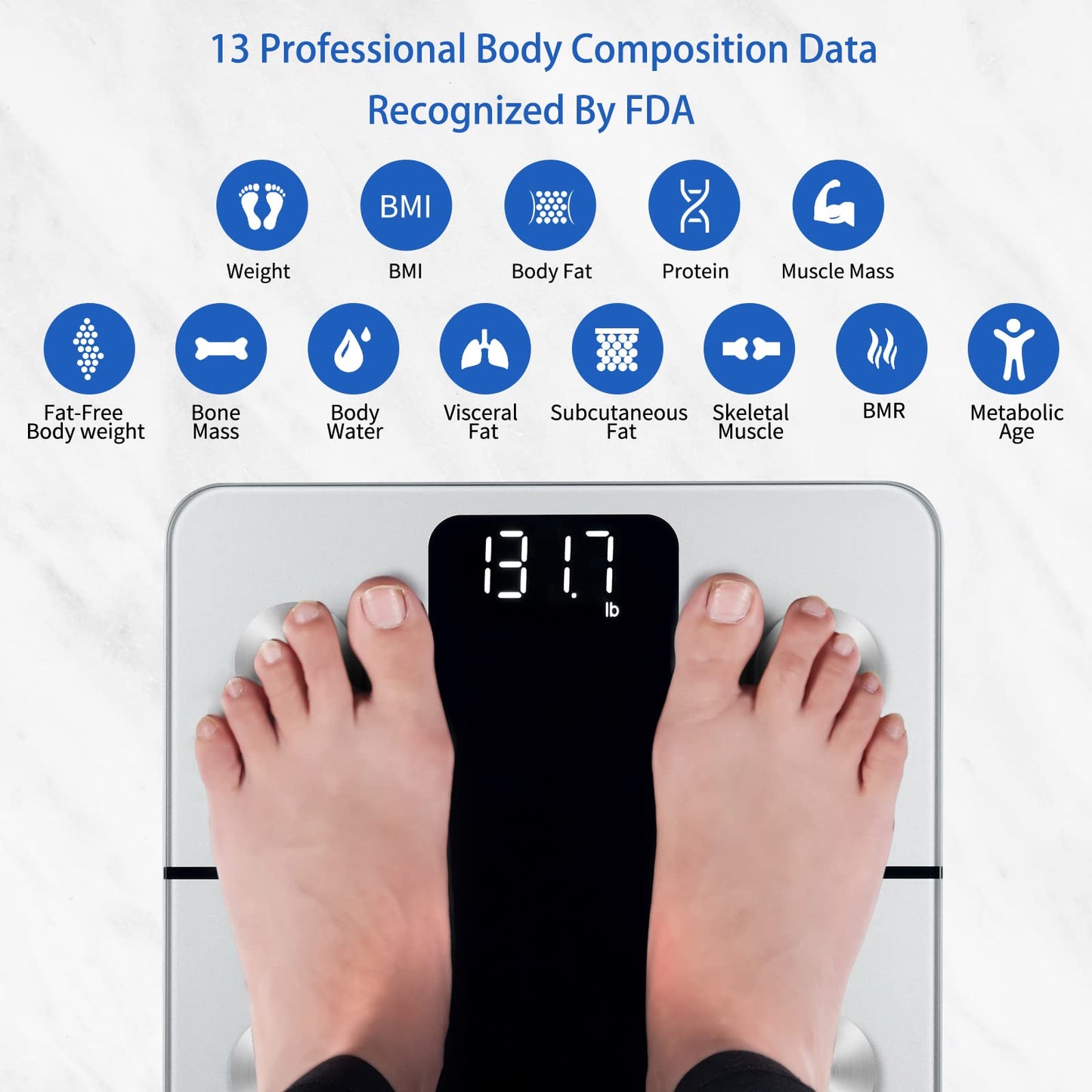 Vitafit Smart-Körperwaage, hohe Genauigkeit 0,05 kg, von unserer professionellen Fabrik seit 2001, App-Synchronisierung von 13 Körperzusammensetzungen wie BMI, Körperfett und Muskelmasse, 180 kg, LED, Schwarz