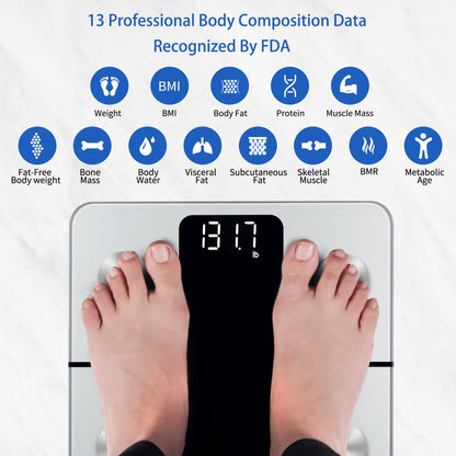 Vitafit Smart-Körperwaage, hohe Genauigkeit 0,05 kg, von unserer professionellen Fabrik seit 2001, App-Synchronisierung von 13 Körperzusammensetzungen wie BMI, Körperfett und Muskelmasse, 180 kg, LED, Schwarz