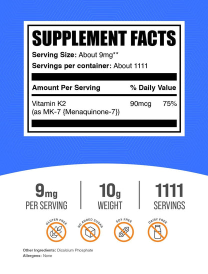 BulkSupplements.com Vitamin K2 Powder - Vitamin K2 MK-7, as Menaquinone Powder - K2 Vitamin Supplement for Wellness, Gluten Free, 9mg per Serving, 500g (1.1 lbs) (Pack of 1)