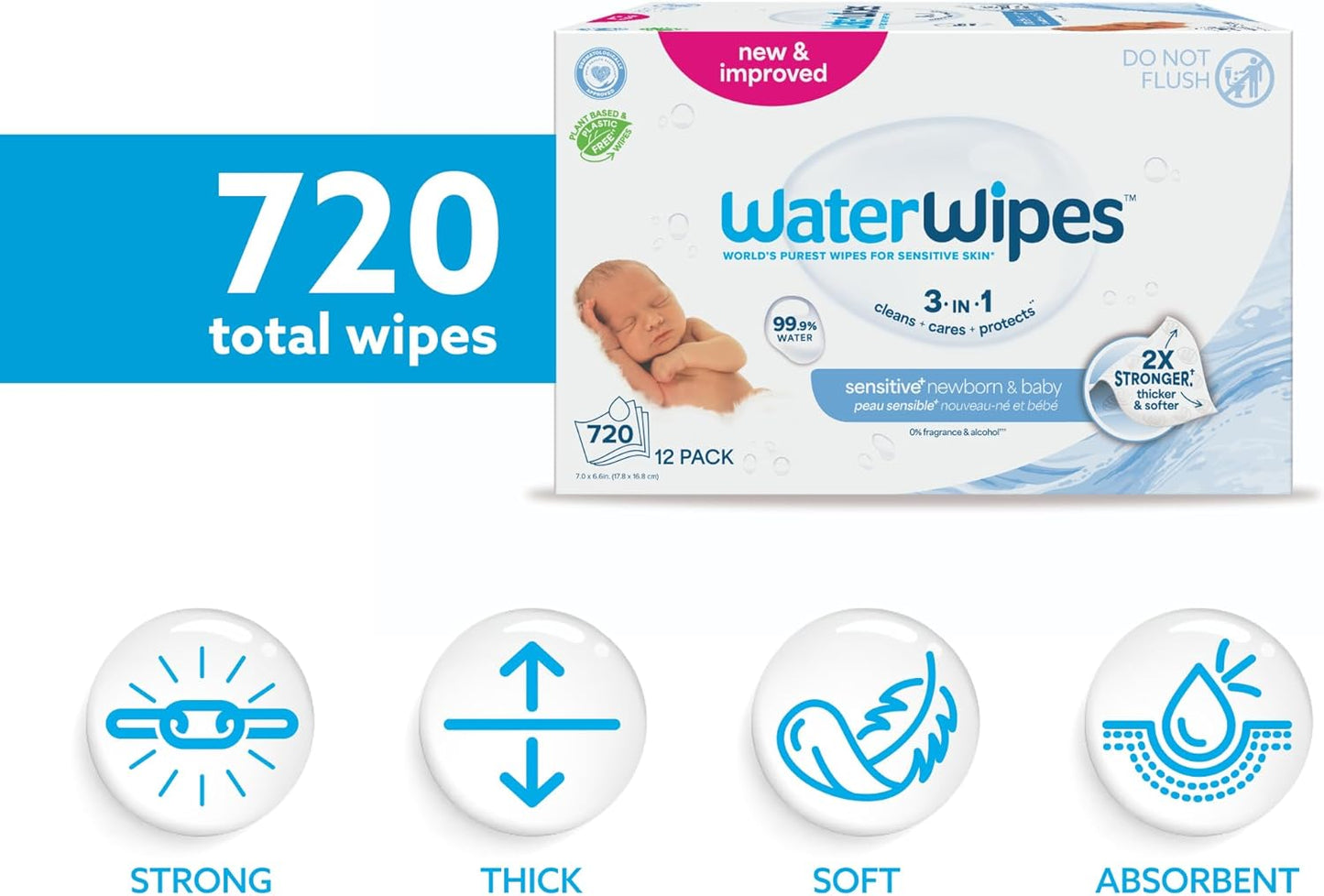 WaterWipes Sensitive+ Baby-Feuchttücher für Neugeborene und Babys, 3-in-1 reinigt, pflegt, schützt, 99,9 % Wasser, unparfümiert & hypoallergen, 720 Stück (12 Packungen)