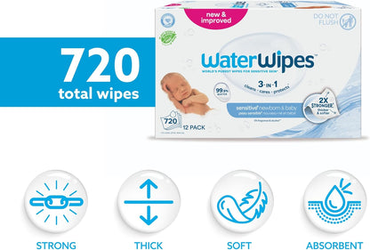 WaterWipes Sensitive+ Baby-Feuchttücher für Neugeborene und Babys, 3-in-1 reinigt, pflegt, schützt, 99,9 % Wasser, unparfümiert & hypoallergen, 720 Stück (12 Packungen)