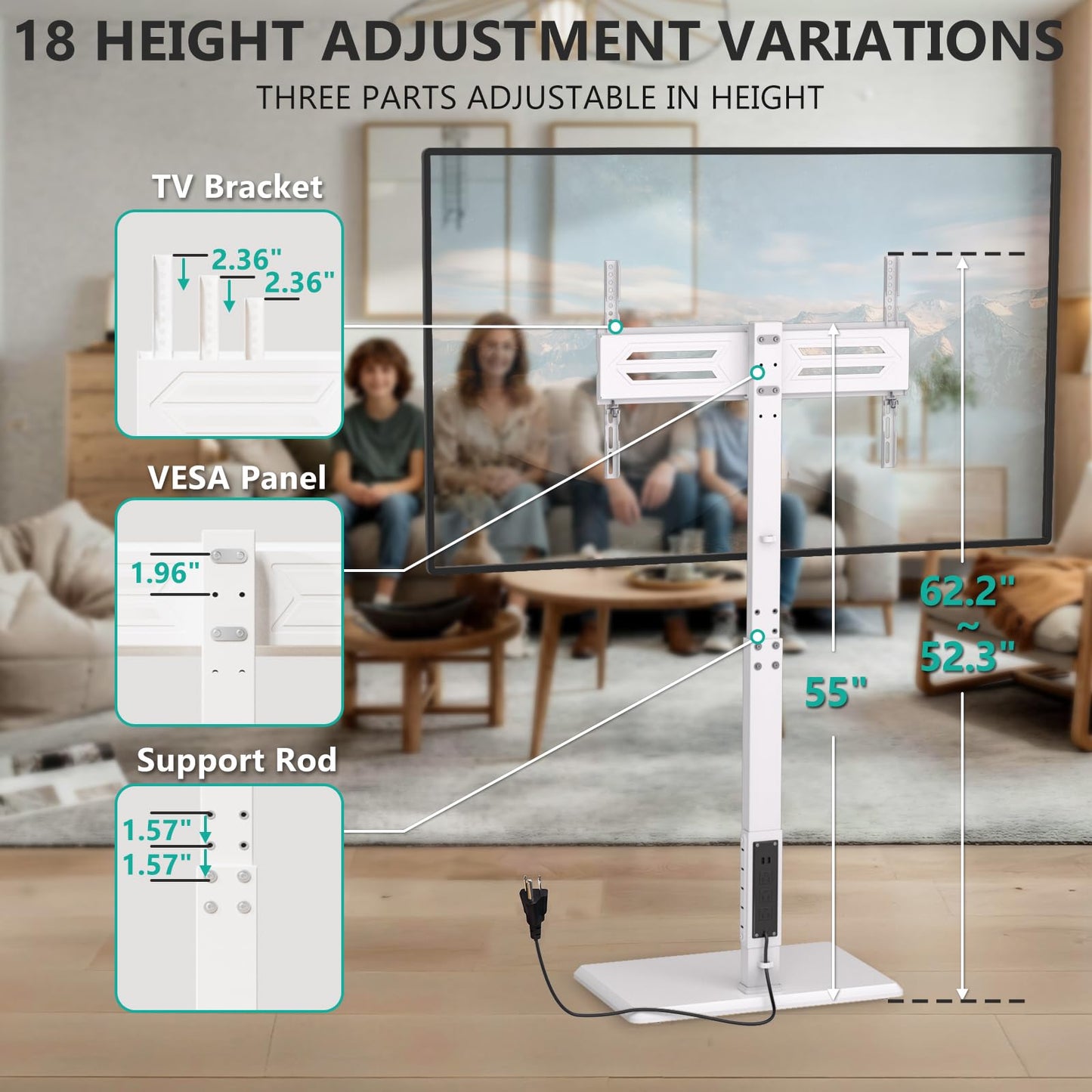 WALI Rolling TV Stand with Power Outlet & AV Shelf, Mobile Tall TV Stand Mount on Wheels for 34-75 inch TV up to 110 lbs, Swivel Height Adjustable TV Cart with Wood Base for Bedroom(TVDVD-6PRW), White