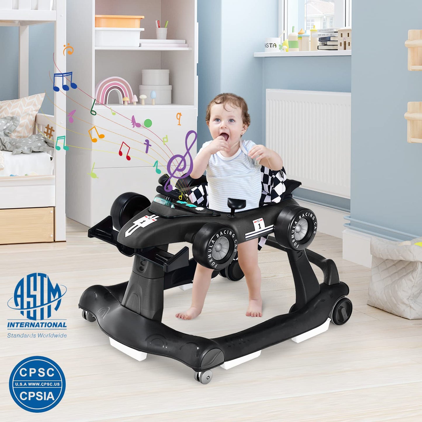 HONEY JOY 4-in-1 Baby Walker, Activity Push Walker w/3 Adjustable Heights, Smooth Wheels w/Adjustable Speed, Padded Seat, Music & Light, Foldable Car Walker for Baby Boys Girls Age 6 Months+ (Blue)