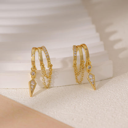 Dangle Earrings for Women,14k Gold Plated Triple Huggie Stud Earrings Cute Statement Chain Earring Dainty Drop Earrings for Women Trendy Gold Plated Jewelry