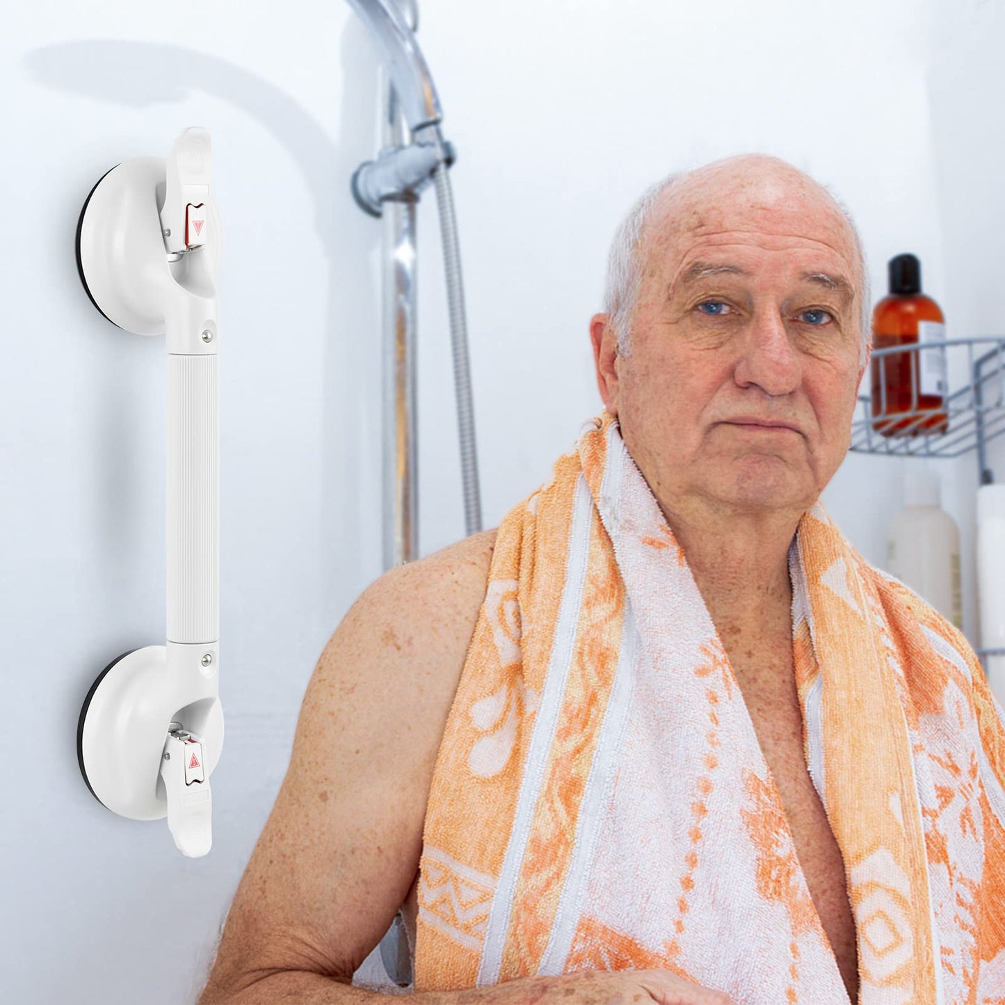 15-Inch Shower Handle - Upgraded Grab Bar with Strong Suction Cups for Bathtub & Shower Safety, Ideal for Seniors, Elderly, Disabled -Silver