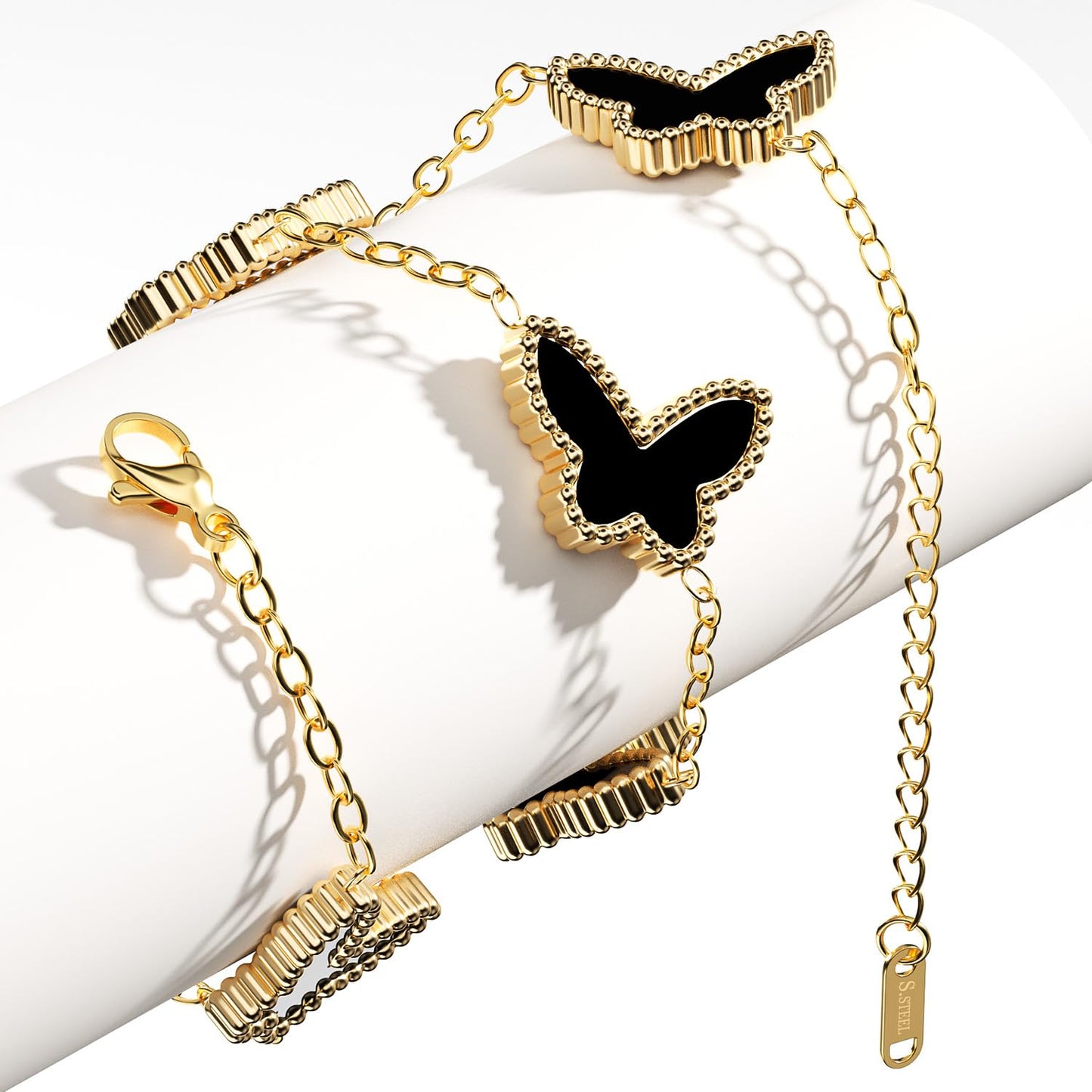 AICase 18K Gold Plated Clover Bracelet Dupes Gold/White/Black Bracelet Set for Women Flower Leaf Lucky Clover Bracelets Trendy Jewelry Birthday Gifts for Women/MoM/Friends