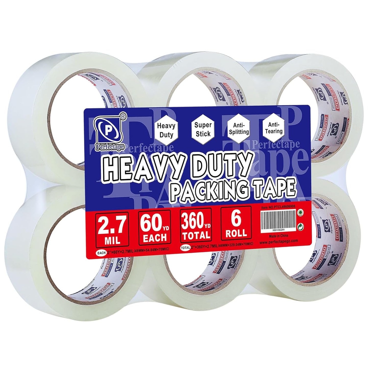 PERFECTAPE Heavy Duty Packing Tape 6 Rolls, Total 360Y, Clear, 2.7 mil, 1.88 inch x 60 Yards, Ultra Strong, Refill for Packaging and Shipping