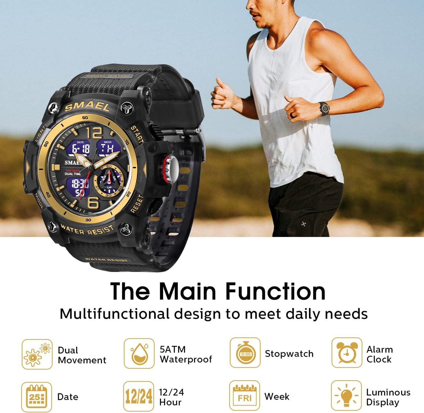 Herren Digitaluhr, Sportuhren für Männer Outdoor Militär Digital Analog Stoppuhr Wasserdicht Multifunktionale Armbanduhr