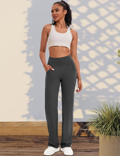 VOOVEEYA Yogahosen für Damen mit Taschen, gerade geschnittene Hose mit weitem Bein, hochtaillierte Business-Hose, petite/regulär//lang