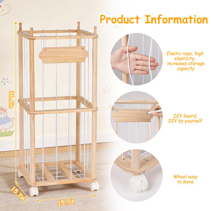 TANONE Stuffed Animal Storage - Wooden Large Organizer Holder for Playroom - Plush Zoo Animals Holder with Elastic Cords & Brake Wheel for Toddler Bedroom Toy Stuff Organization