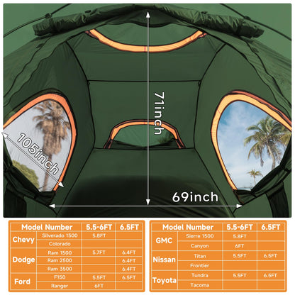 Truck Bed Tent 5.5-6ft: Easy Set Up Umburato Pickup Truck Tents for Camping, Waterproof PU3000mm Canopy for Truck Camper, Portable, Spacious for 2 Person Green
