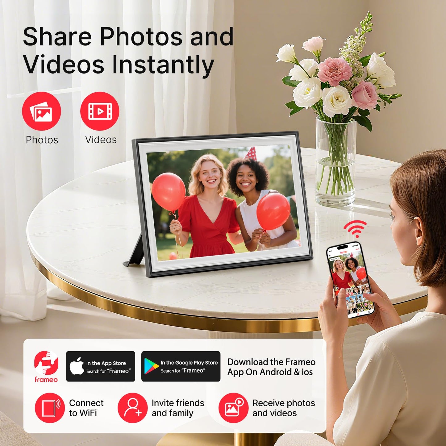 Frameo 10.1 Inch WiFi Digital Picture Frame, Smart Cloud Electronic Photo Frame with HD IPS Touch Screen Slideshow 32GB Memory Auto-Rotate Wall Mount, Share Photos/Videos from Phone - Gifts for Mom