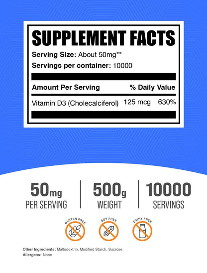 BulkSupplements.com Vitamin D3 Powder - Cholecalciferol, Vitamin D Supplements, Vitamin D3 5000 IU - Gluten Free, 50mg (125mcg of Vitamin D3) per Serving, 5kg (11 lbs) (Pack of 5)
