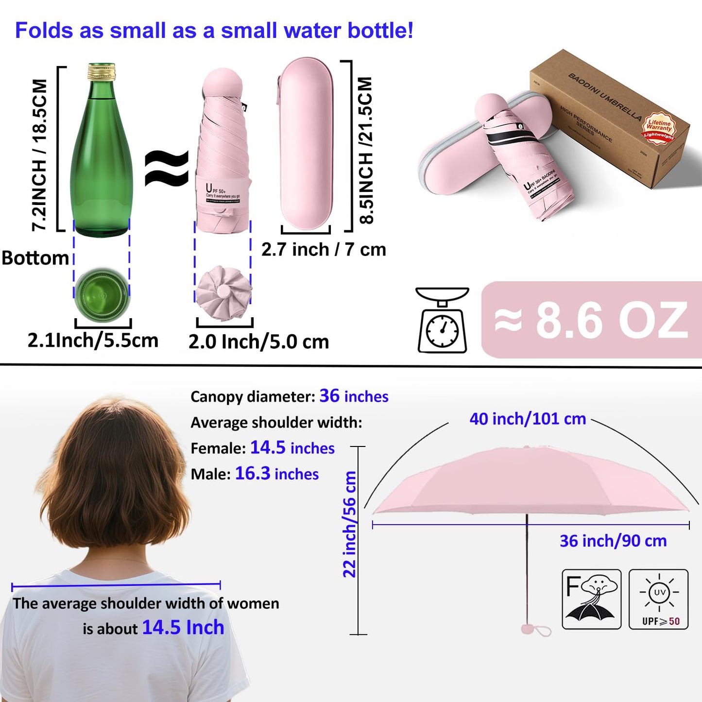 BAODINI Reiseutensilien Mini-Regenschirm für die Handtasche mit Etui Klein Kompakt UV-Sonnenschutz Leicht Winzig Tasche Manuelles Öffnen und Schließen Regenschirm für Damen, Kinder und Herren Passt in Handtasche Rucksack