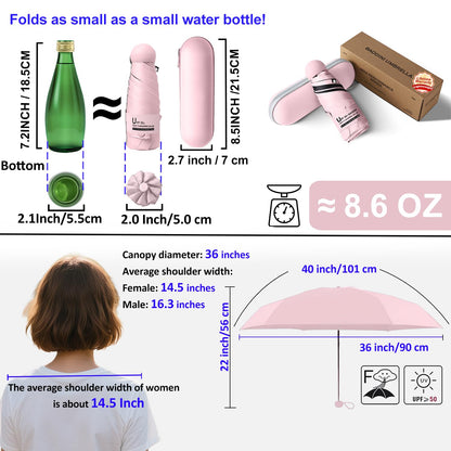 BAODINI Reiseutensilien Mini-Regenschirm für die Handtasche mit Etui Klein Kompakt UV-Sonnenschutz Leicht Winzig Tasche Manuelles Öffnen und Schließen Regenschirm für Damen, Kinder und Herren Passt in Handtasche Rucksack