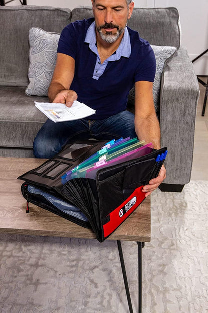 Med Manager Medicine Organizer and Portable Medical Binder, Holds (15) Pill Bottles - (11) Standard Size and (4) Large Bottles, Includes Removable 5-Tab File Folder, Black, 14 x 14 x 4 inches