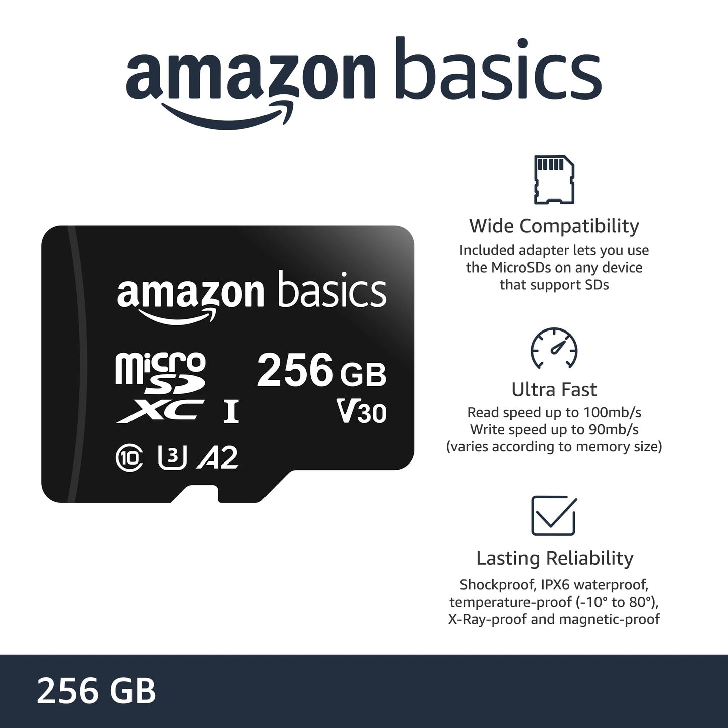 Amazon Basics microSDXC Speicherkarte mit Full-Size Adapter, A2, U3, Lesegeschwindigkeit bis zu 100 MB/s, 128 GB, Schwarz