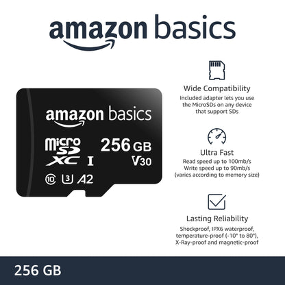 Amazon Basics microSDXC Speicherkarte mit Full-Size Adapter, A2, U3, Lesegeschwindigkeit bis zu 100 MB/s, 128 GB, Schwarz