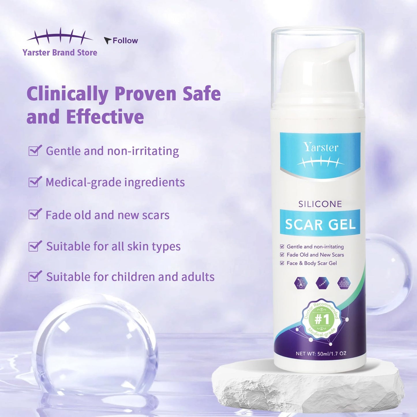 Medical Grade Silicone Scar Gel - Advanced Scar Removal Cream & Scar Treatment for Surgical, C-Section, Hypertrophic & Acne Scars - 1.7oz