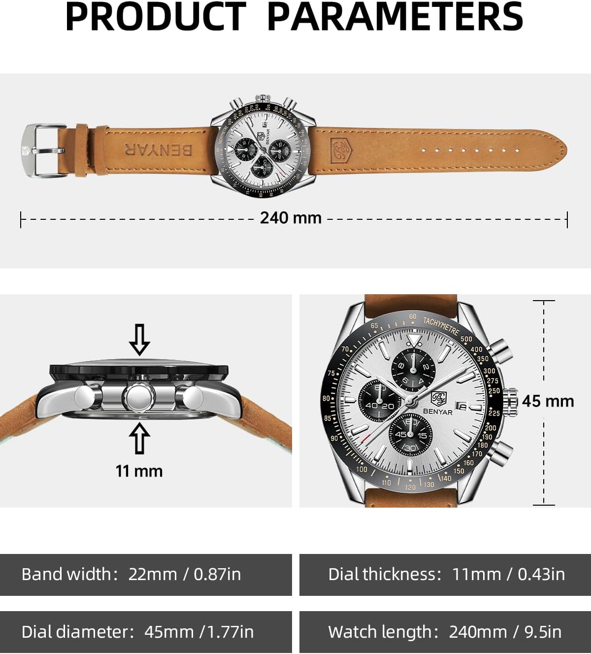 BY BENYAR Uhren für Herren Analog Quarz Chronograph 30M Wasserdicht Leuchtend Großes Zifferblatt Herren Armbanduhren Business Arbeit Sport Freizeit Mode Designer Uhr Elegantes Geschenk für Herren