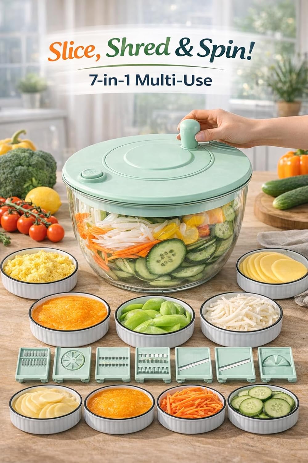 Salad Spinner 7‑Piece Multifunction Set – Lettuce Spinner, Vegetable Washer, Salad Chopper, Slicer, Shredder & Grater – Salad Bowl with Lid & All‑in‑One Kitchen Gadget for Easy Prep