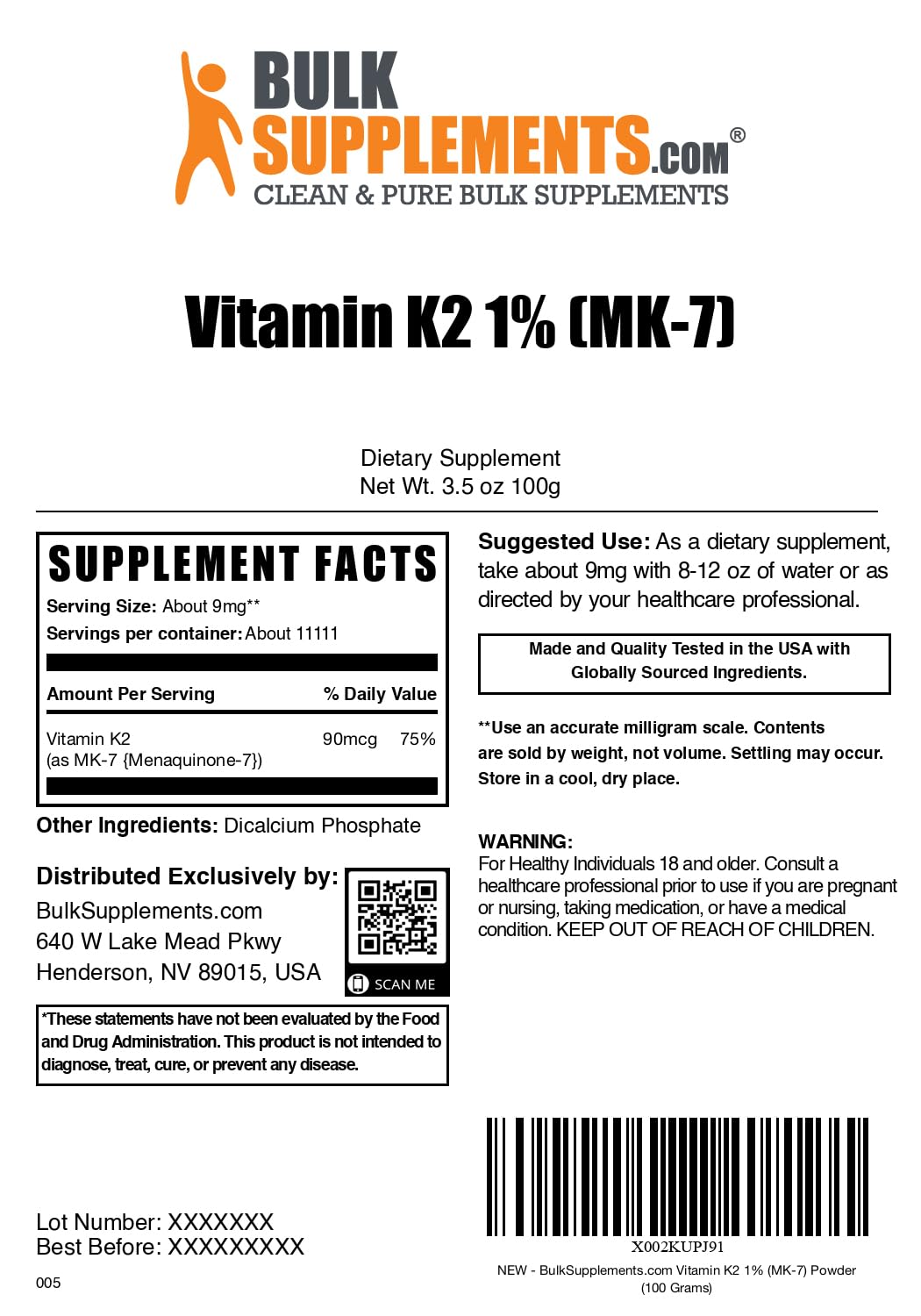 BulkSupplements.com Vitamin K2 Powder - Vitamin K2 MK-7, as Menaquinone Powder - K2 Vitamin Supplement for Wellness, Gluten Free, 9mg per Serving, 500g (1.1 lbs) (Pack of 1)