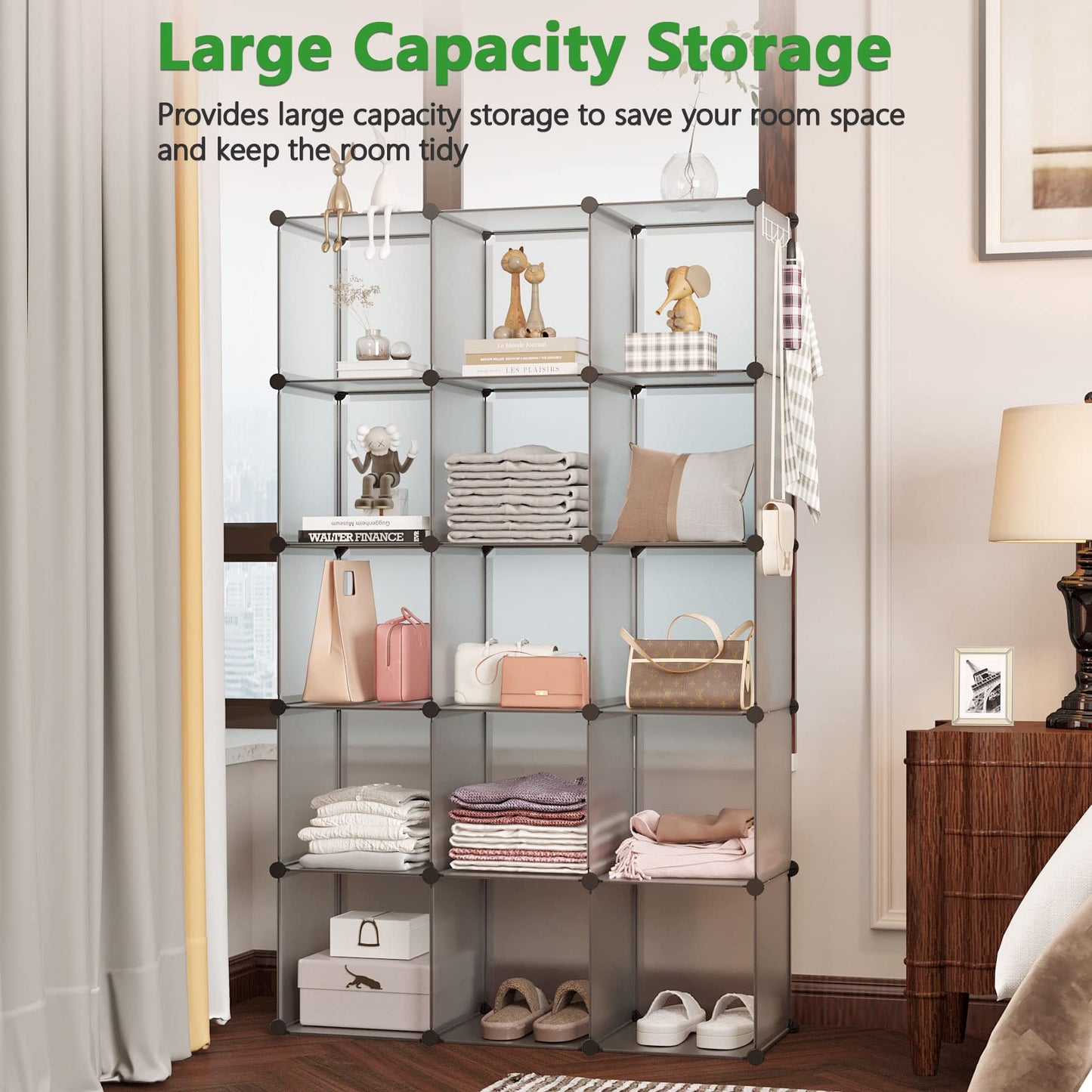 C&AHOME Cube Storage Organizer, 16-Cube Shelves Units, Plastic Storage Cubes, DIY Closet Organizer, Modular Closet Storage Shelves Ideal for Home, Bedroom, 48.4" L × 12.4" W × 48.4" H Black SUM3016H