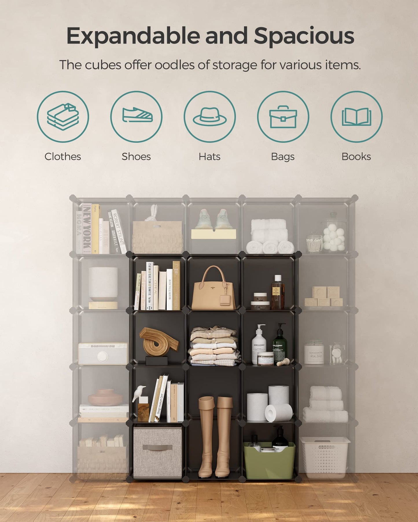 SONGMICS Cube Storage Organizer, Set of 16 Plastic Cubes, Closet Organizers and Storage, Room Organization, Bedroom Living Room, 12.2 x 48.4 x 48.4 Inches, Rustic Brown ULPC442A01