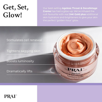PRAI Ageless Throat & Decolletage Intensive Gold Creme 50ml - Real 24K Gold - Anti-Ageing, Anti-Wrinkle Brightening Skincare Cream - Hydrates & Firms Skin - Neck Moisturiser with Hyaluronic Acid