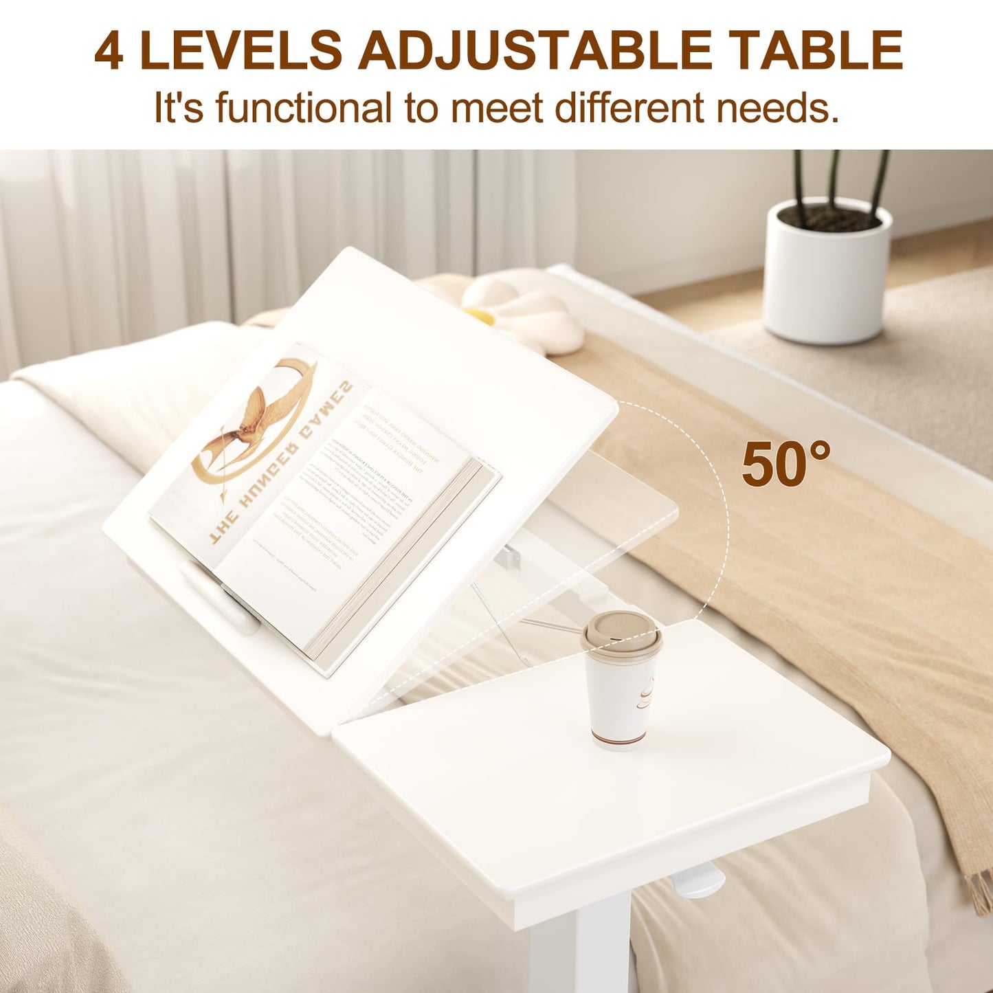 Muwuele Solid Wood Overbed Bedside Table with Wheels, Adjustable Medical Tilt Top Hospital Bed Table Over The Bed, Rolling Laptop Desk, Mobile Standing Desk for Hospital and Home Use (Walnut)