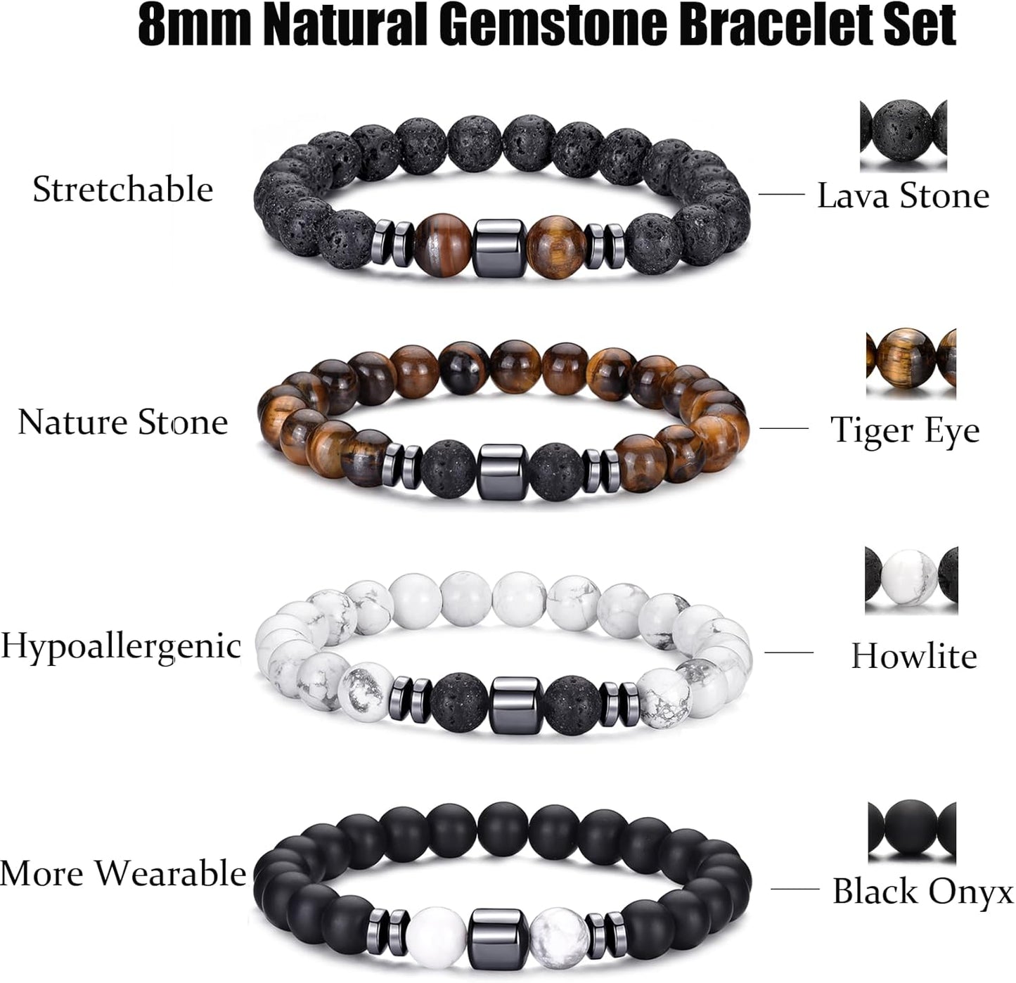Tigerauge Armband für Herren 8MM Natursteinperlen Armband Set Stretch Lava Stein Armbänder Verstellbares Schwarzes Kristallperlenarmband für Herren Damen Geschenke