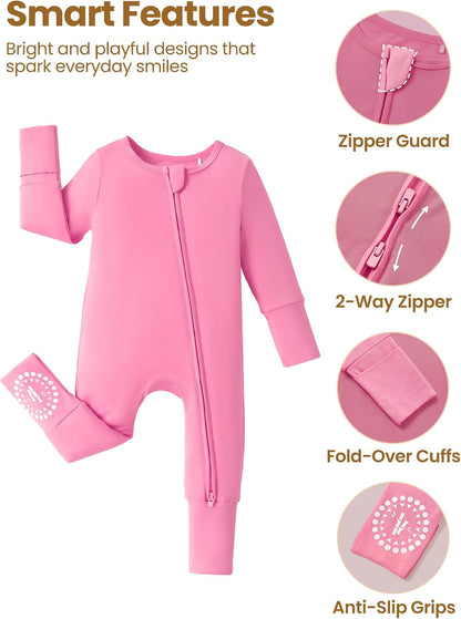 PATPAT Baby Footies Boys Girls - Bamboo Viscose - Zipper & Non-Slip Soles Romper Mitten - Footed & Footless Infant Clothes