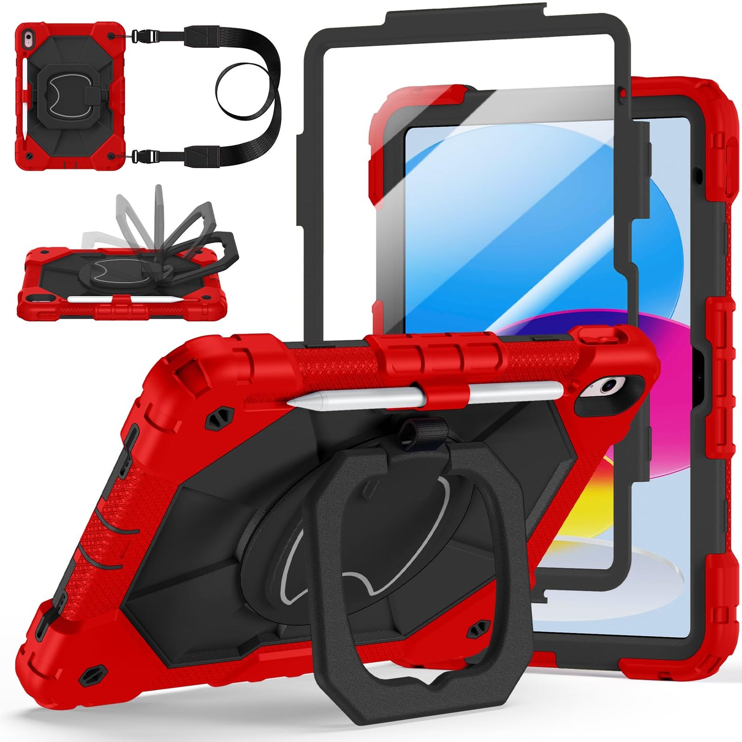 Case for iPad A16 11th Generation 11 Inch 2025, Auorld for iPad 10th Generation 10.9 inch 2022 case with Screen Protector, 360 Degree Rotating Stand Shoulder Strap Pencil Holder, Navy Pink