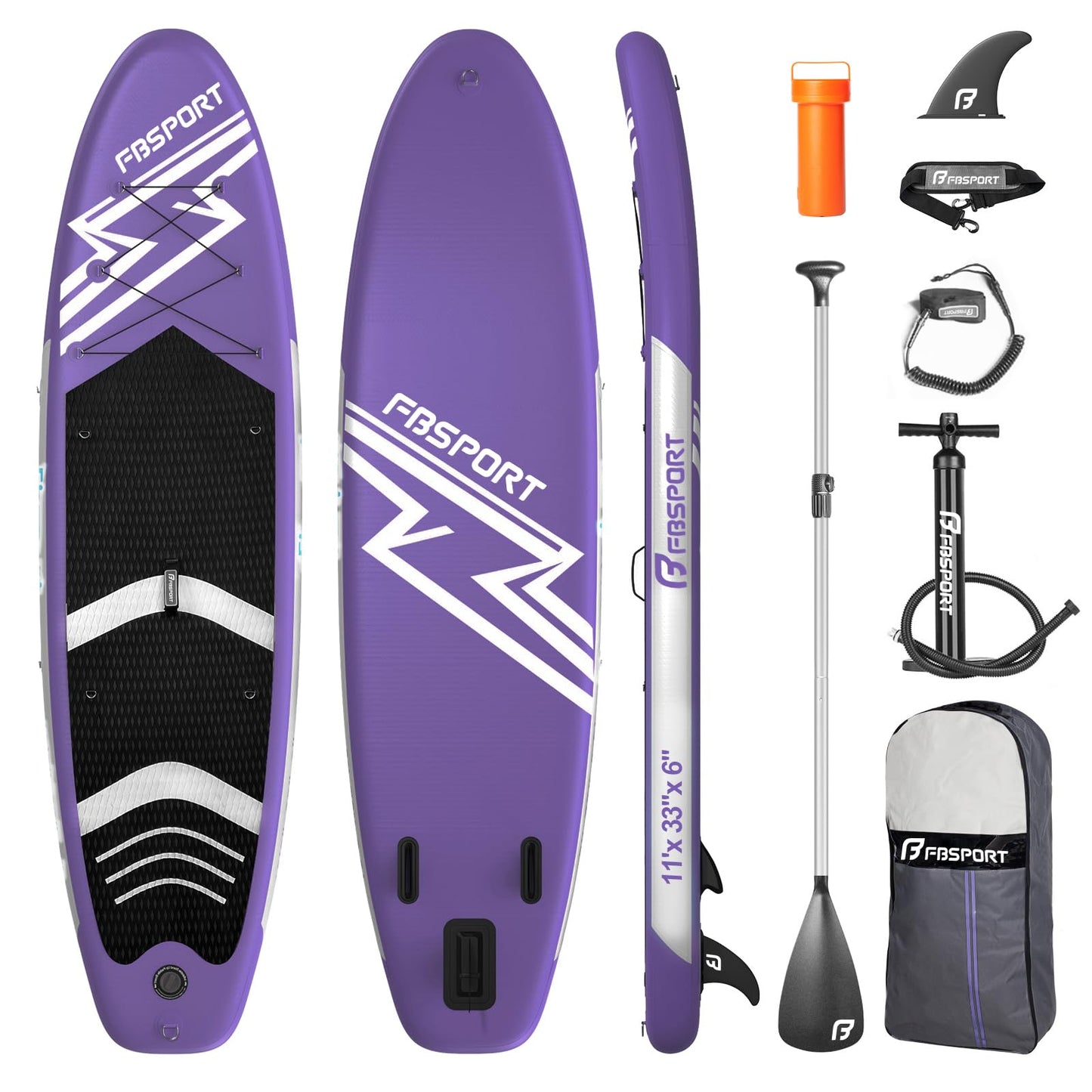 FBSPORT 11' Premium Stand Up Paddle Board, Yoga Board with SUP Accessories & Carry Bag | Wide Stance, Surf Control, Non-Slip Deck, Leash, Paddle and Pump for Youth & Adult