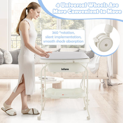 INFANS 2 in 1 Baby Changing Table with Bath Tub Unit, Folding Diaper Dresser Station with Wheels Waterproof Pad Storage Rack, Portable Nursery Organizer Stand for Newborn Infant