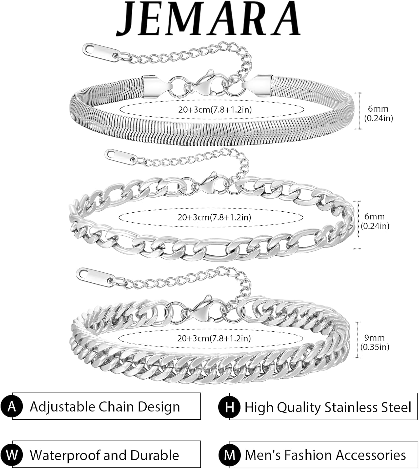 3 Stück Herren Silber Armbänder, robustes Curb Edelstahl Breite Schlangenkette Figaro Cuban Armband Set 7/7.8+1.2 Zoll verstellbares Stapel-Silberkettenarmband für Männer
