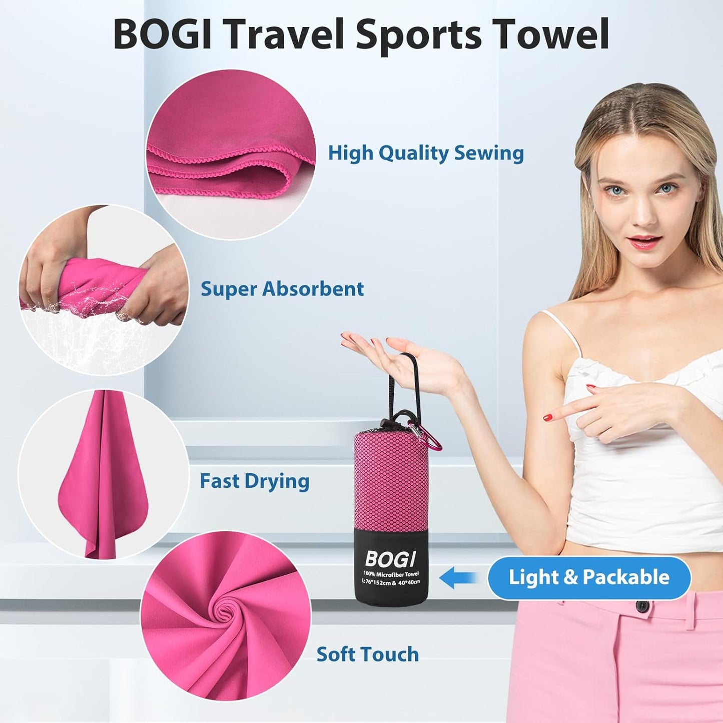 BOGI Mikrofaser Reise-Sporthandtuch – Schnelltrocknendes Handtuch, weiches, leichtes Mikrofaser Campinghandtuch, saugfähiges, kompaktes Reisehandtuch für Camping, Fitnessstudio, Strand, Bad, Yoga, Schwimmen, Rucksacktouren (M:40''x20''-Dunkelblau)