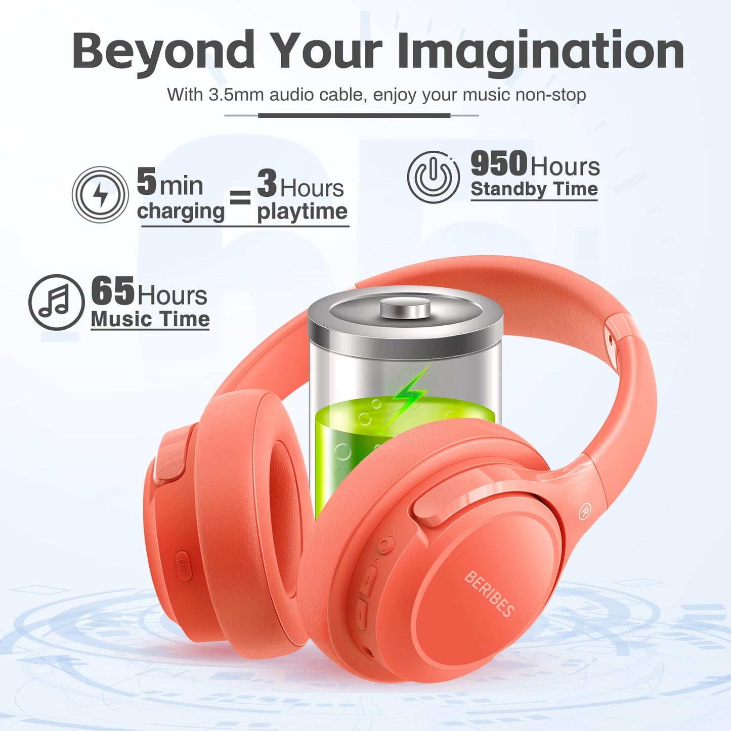 Auriculares Bluetooth BERIBES de diadema, 65H de reproducción y 6 modos de ecualización Auriculares inalámbricos con micrófono, auriculares plegables ligeros HiFi estéreo, graves profundos para oficina en casa, teléfono móvil, PC, etc.