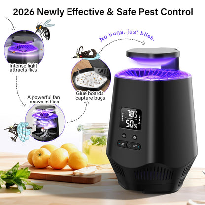 Fruit Fly Traps for Indoors, Smart Fly Trap Indoor Bug Zapper Gnat Traps for House Indoor with Temperature and Humidity Sensor, 10PCS Sticky Boards Black 0