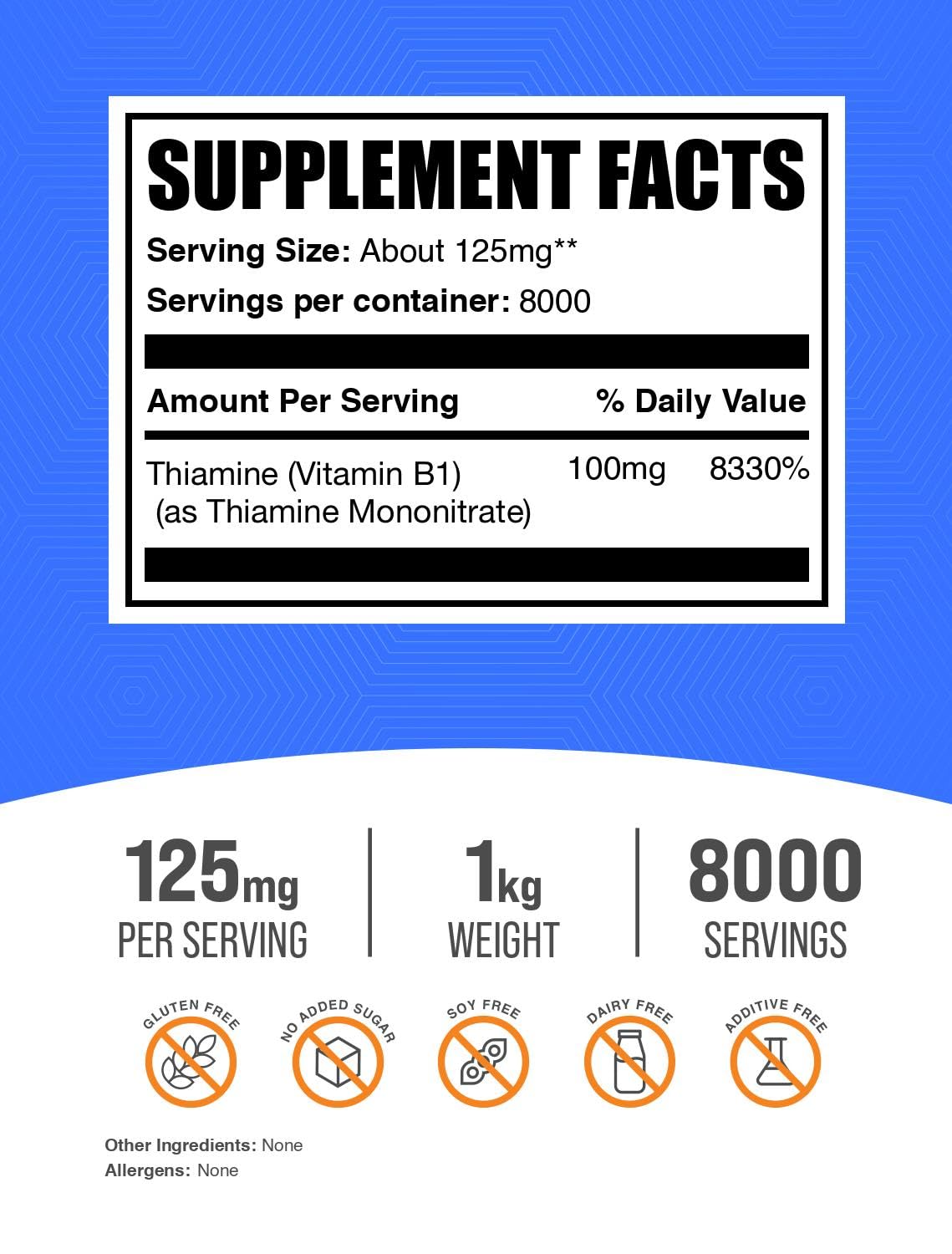 BulkSupplements.com Thiamine Mononitrate Powder - Vitamin B1 Powder, Thiamine B1 Supplement - B1 Vitamins, Gluten Free, 125mg per Serving, 5kg (11 lbs) (Pack of 5)