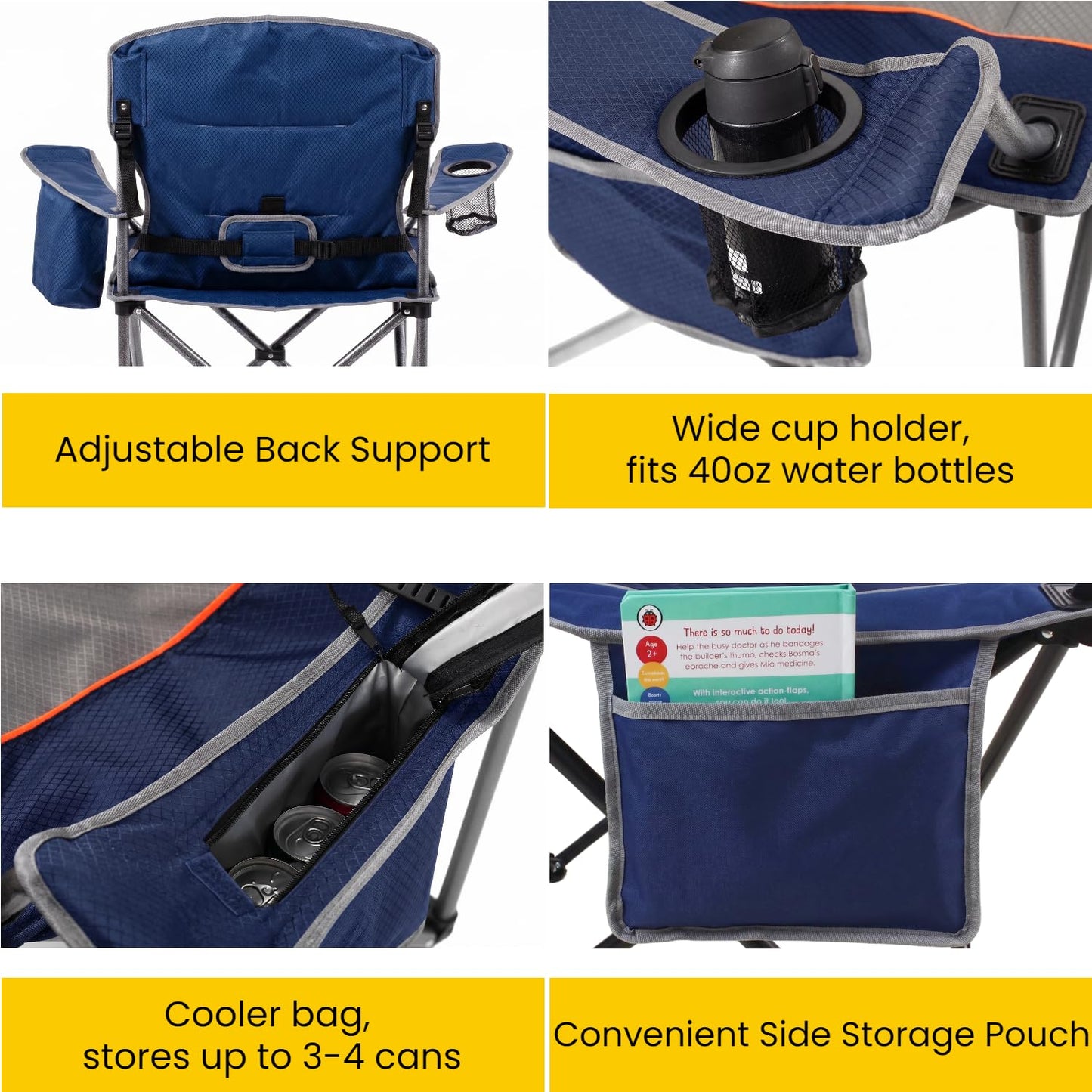 FAIR WIND Padded Camping Chair 500LBS Capacity Heavy Duty Oversized Folding Chair for Heavy People Portable Lawn Chair with Adjustable Lumbar Support, Cooler Bag & Cup Holder for Outdoor, Beach