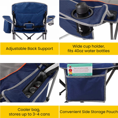 FAIR WIND Padded Camping Chair 500LBS Capacity Heavy Duty Oversized Folding Chair for Heavy People Portable Lawn Chair with Adjustable Lumbar Support, Cooler Bag & Cup Holder for Outdoor, Beach