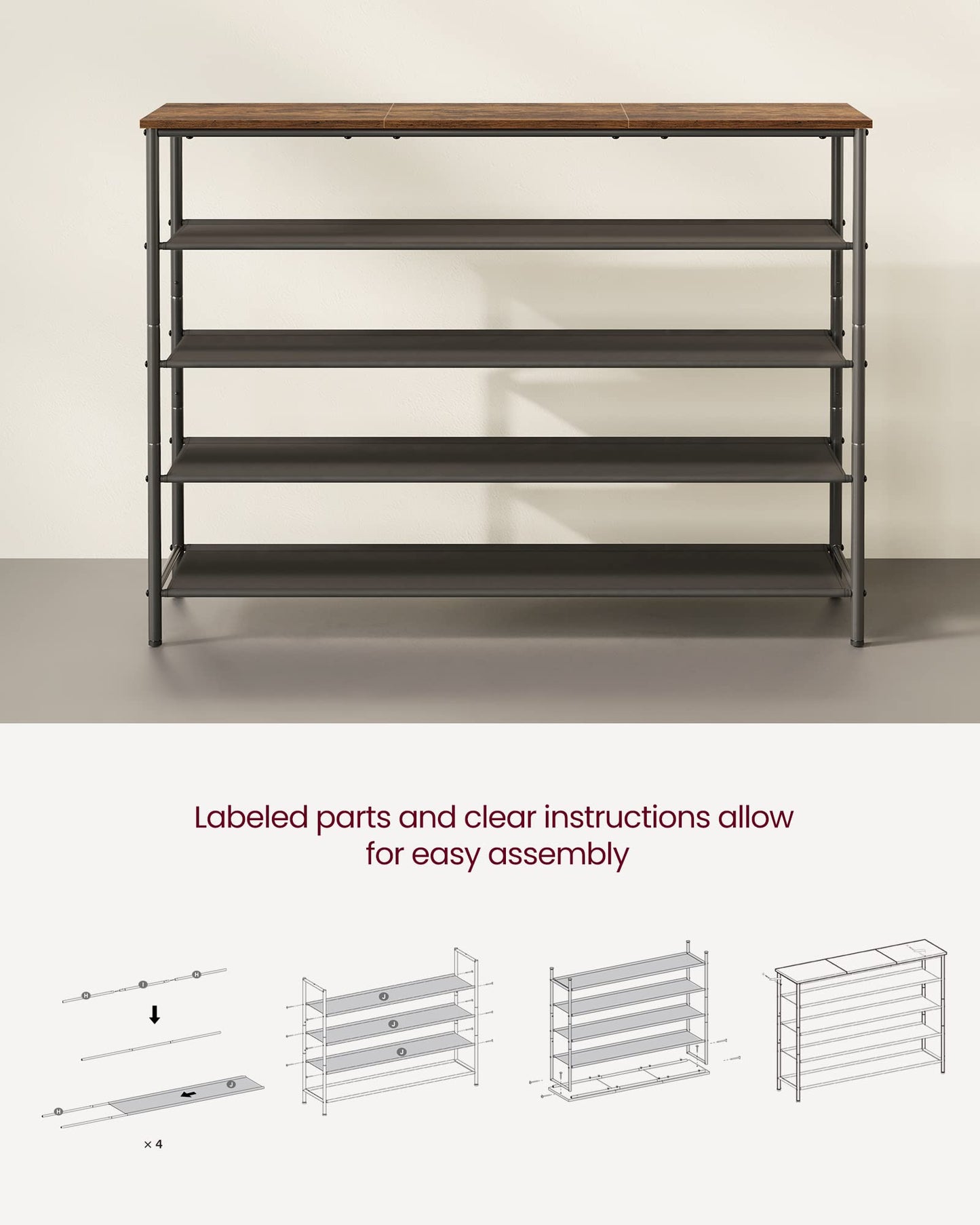 VASAGLE Shoe Rack, 4-Tier Shoe Storage Organizer for Entryway and Closet, Holds 9-12 Pairs of Shoes, 3 Fabric Shelves, Steel Frame, Industrial, Rustic Brown and Black ULBS035B01