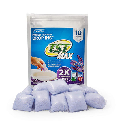 Camco TST MAX RV Toilet Treatment Drop-INs - Control Unwanted Odors & Break Down Waste and Tissue - Safe Septic Tank Treatment - Orange Scent, 30-Pack (41183)