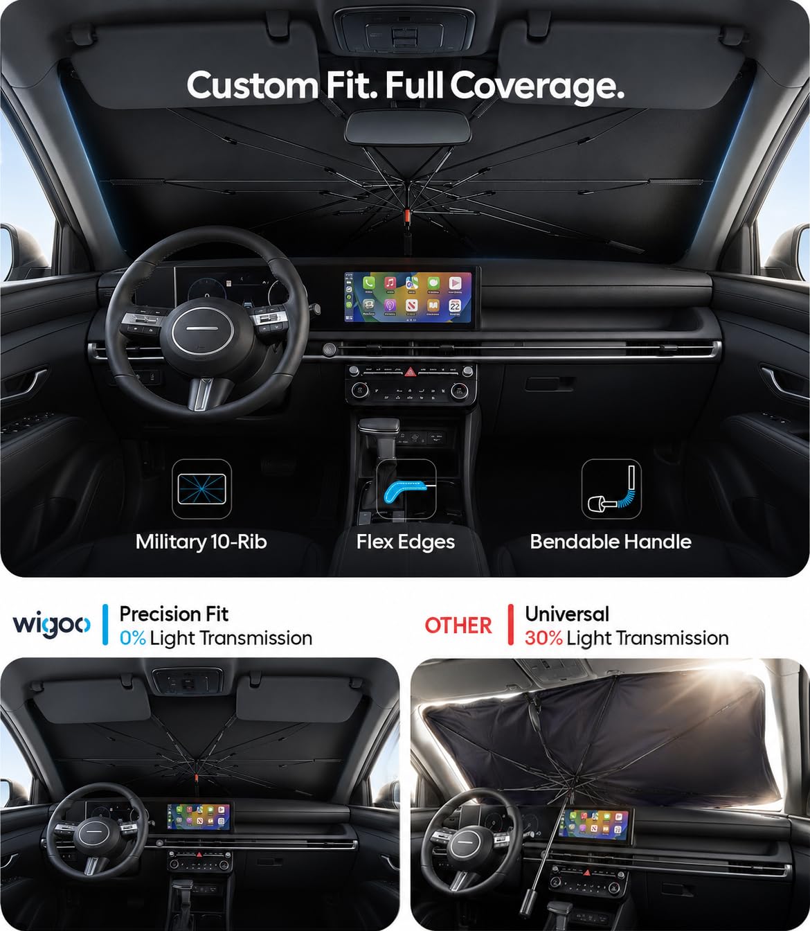 Wigoo Windshield Sun Shade Umbrella for Tesla Model Y [100% Sun Blockage, Ice Cooling Fabric] Foldable Heat Insulation Front Window Sunshade Umbrella for Tesla Model Y 2020–2026 (Juniper)