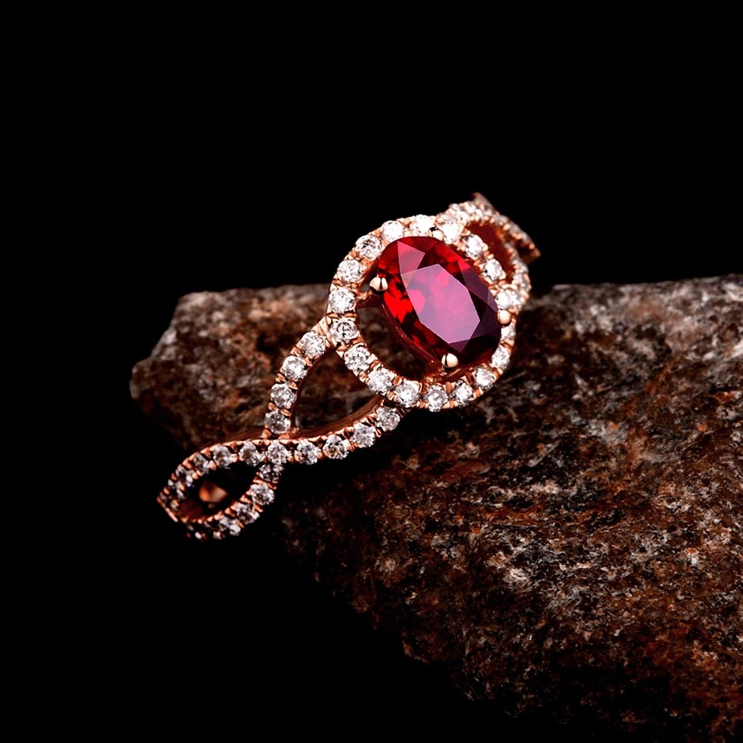 Aienid 18Ct Rose Gold Wedding Bands Oval Ruby Hollow Twisted Ring with White Diamond Engagement Ring for Her