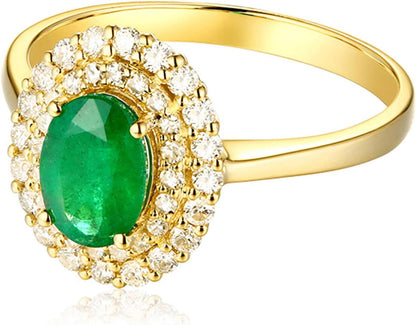 Aienid 18Ct Yellow Gold Diamond Engagement Rings Women 0.74Ct Cut Emerald Two Row Diamond Engagement Ring for Her