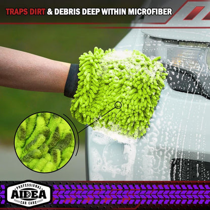 AIDEA Auto Waschhandschuh Mikrofaser, 2er Pack Kratzfrei Fusselfrei, Premium Chenille Mikrofaser Waschhandschuh Auto Waschbürste, Grün, Reguläre Größe 18,08 cm x 25,76 cm