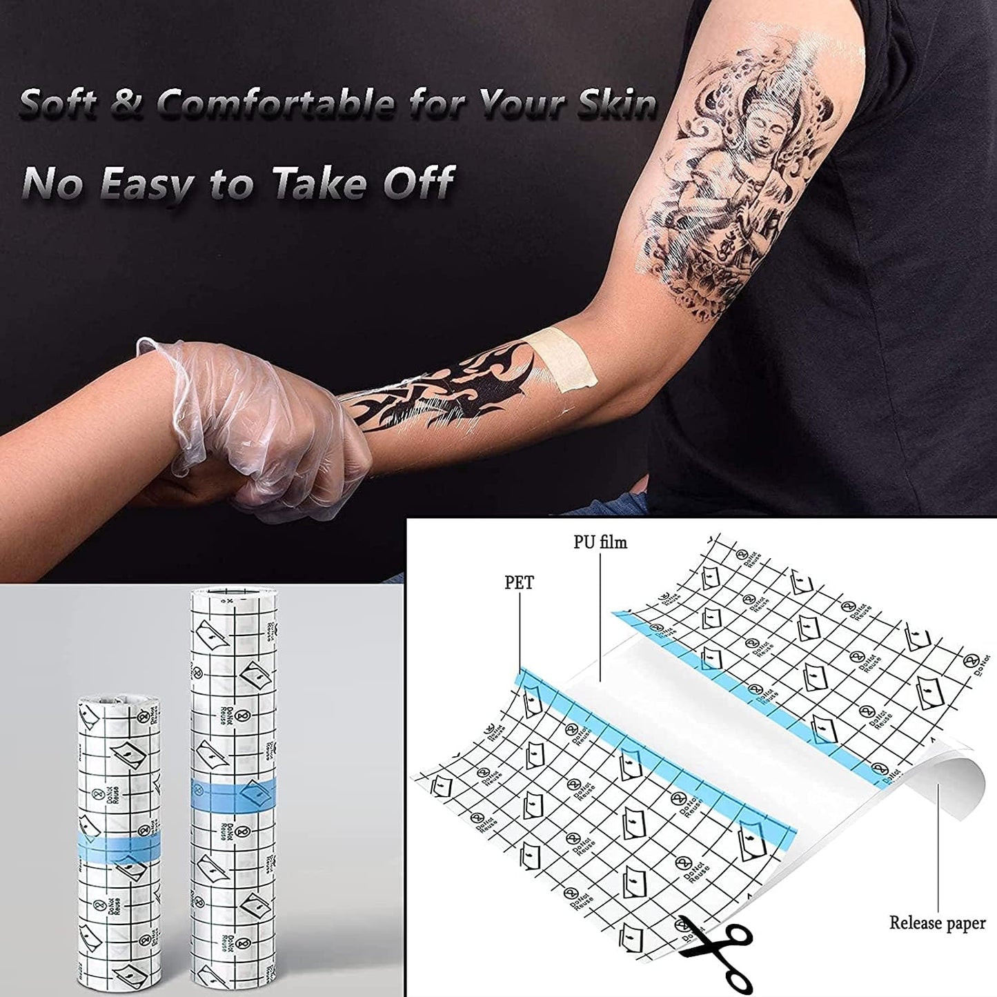 Tattoo-Nachsorgeverband – Wasserdichtes Pflaster zum Hautschutz – „Zweite Haut“ Verband zur Wundheilung – Transparente Tattoo-Folie – Sterile und sichere Klarsicht-Verbandsrolle für Tattoo-Zubehör