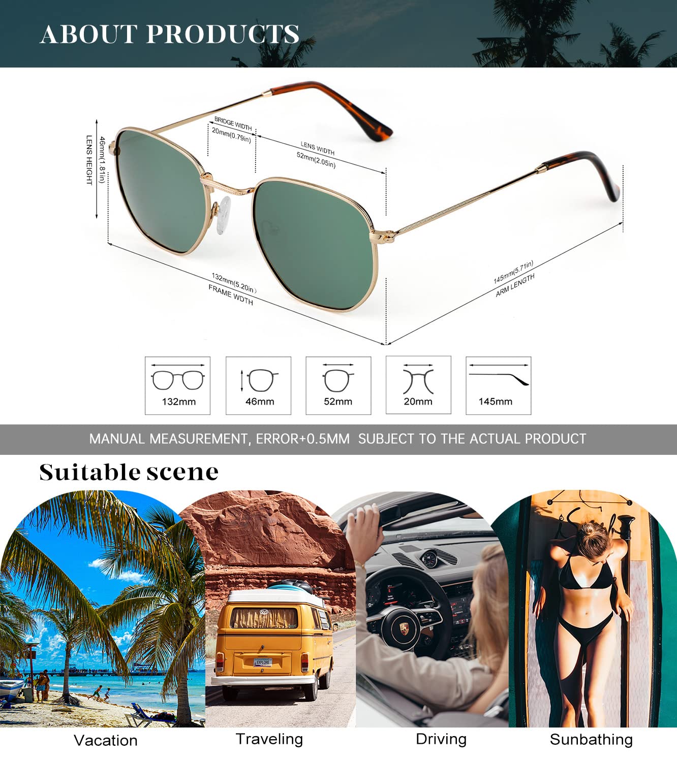 KALIYADI Sonnenbrillen für Damen und Herren Polarisiert Hexagon Damensonnenbrillen Trendy Metallrahmen UV-Schutz (Gold Rahmen Grau Linse)